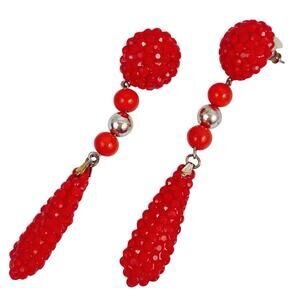 VTG 80s Very Long Red Beaded Dangle Post Earrings, Shoulder Dusters